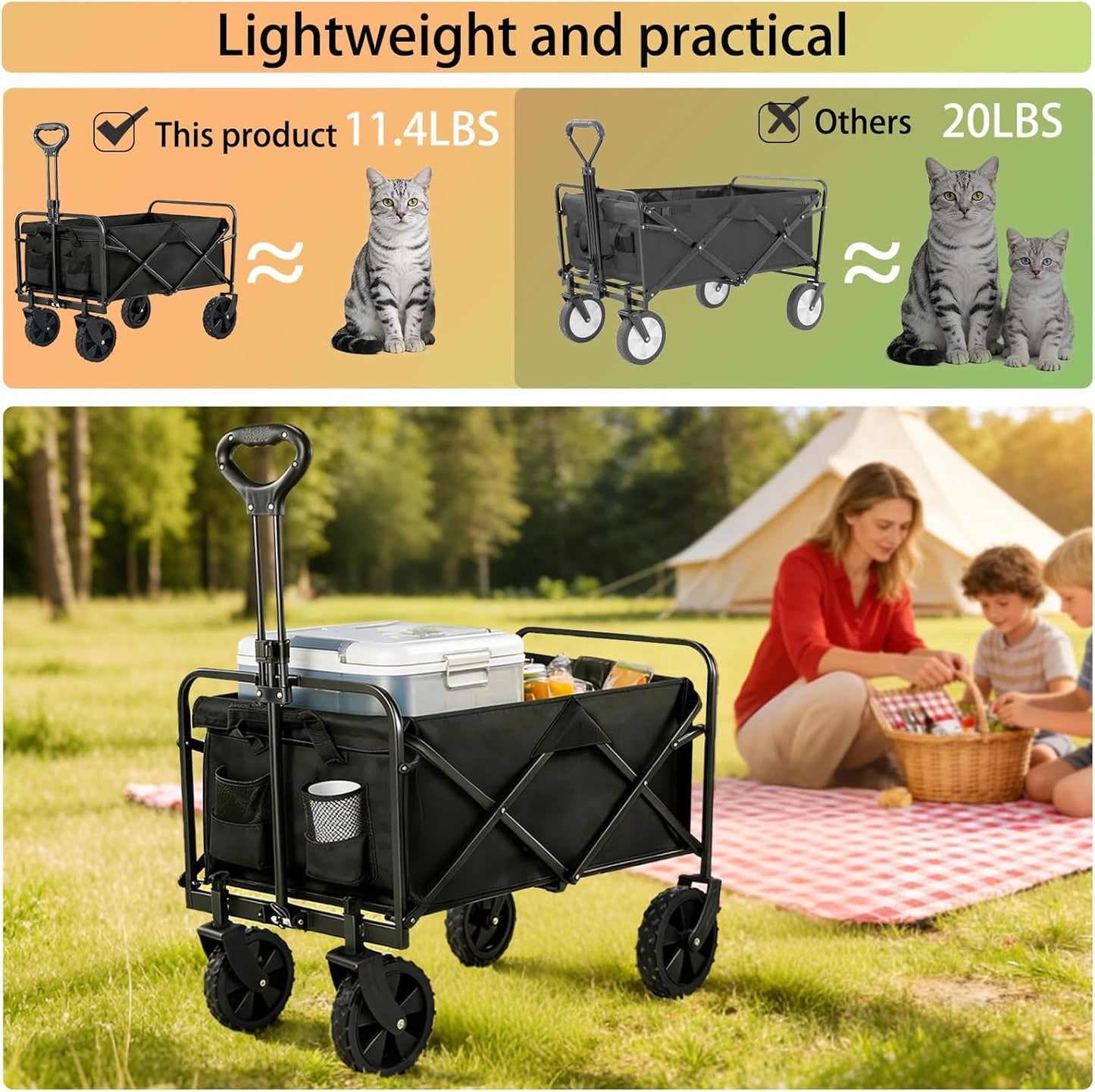 Collapsible Wagon Cart,Large Capacity Foldable Wagon,Cup Holders,with 360° Swivel Wheels, for Camping, Garden, Shopping, Beach
