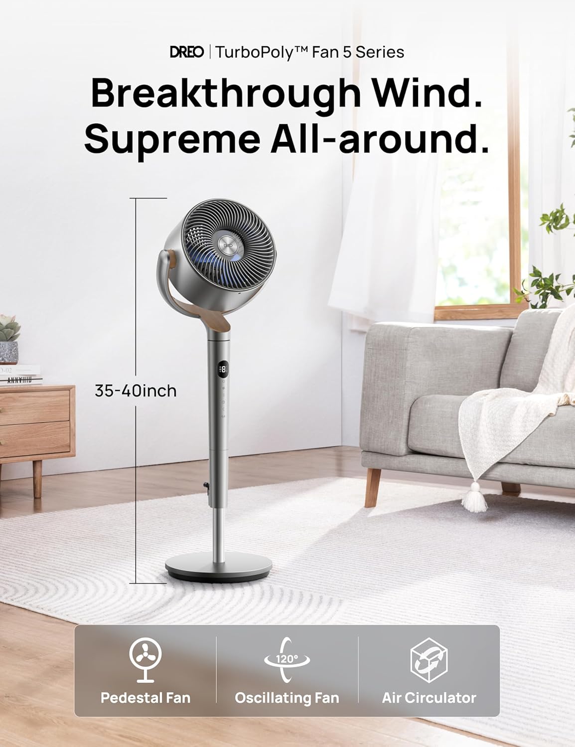 DREO Fan for Bedroom, 120ยฐ+120ยฐOmni-directional Oscillating Fan, 90ft, DC Motor, 20 dB Quiet Standing Pedestal Fans, 8 Speeds, 3 Modes Circulator with Remote, 35-40" Adjustable Height, 8H Timer