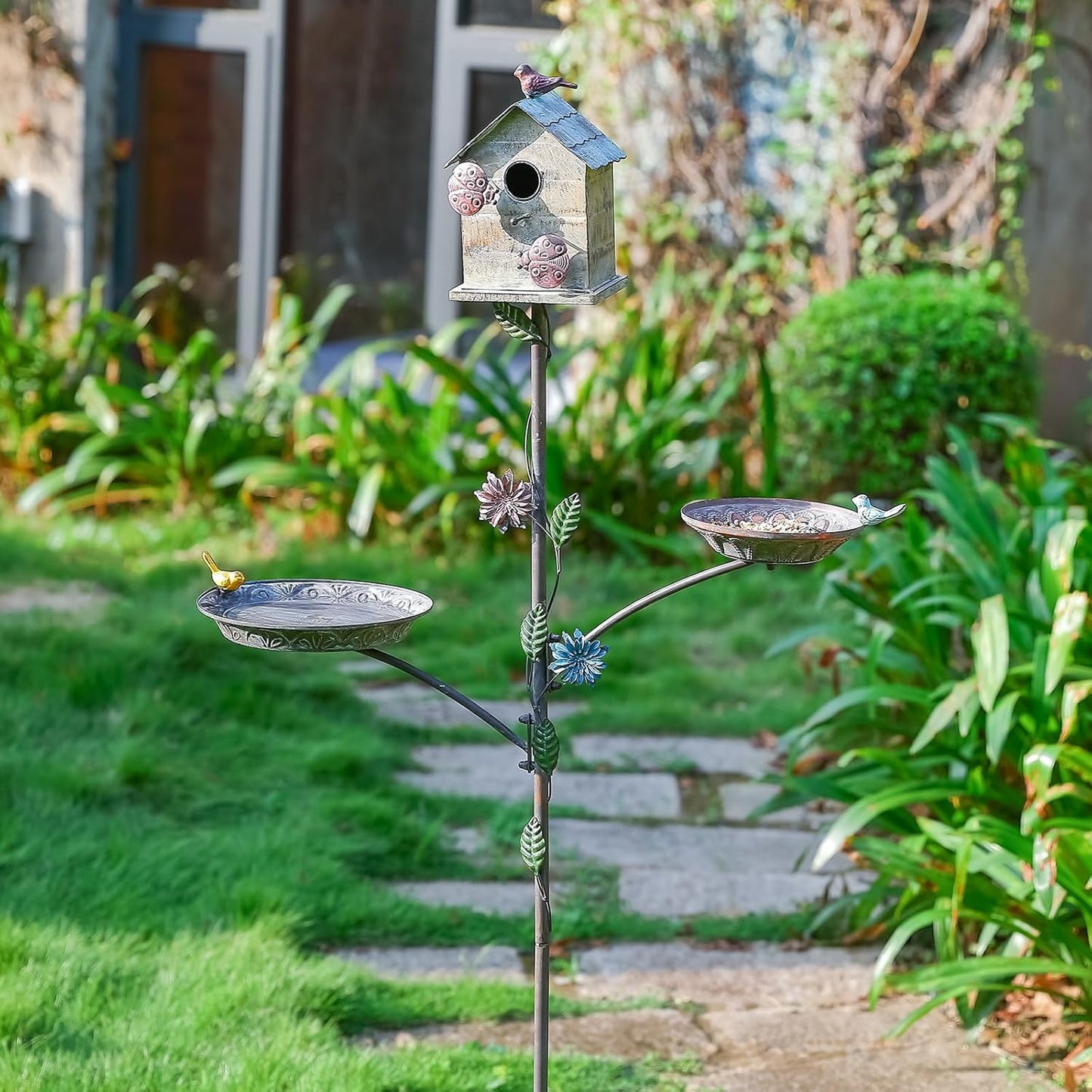 69" H 3-in-1 Metal Bird House with Stake - Free Standing Bird Bath & Feeder Bowl for Outdoors, Birdhouse on Pole for Garden Yard Decor