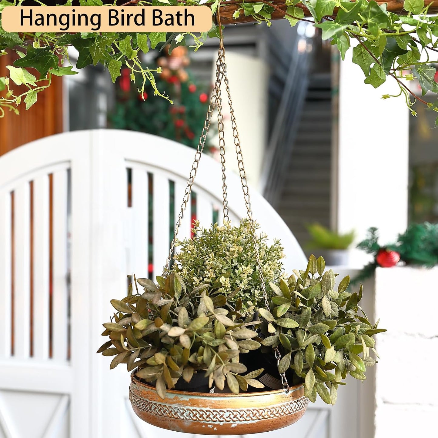 Metal Hanging Bird Bath for Outdoors, Antique Patina Hanging BirdBath