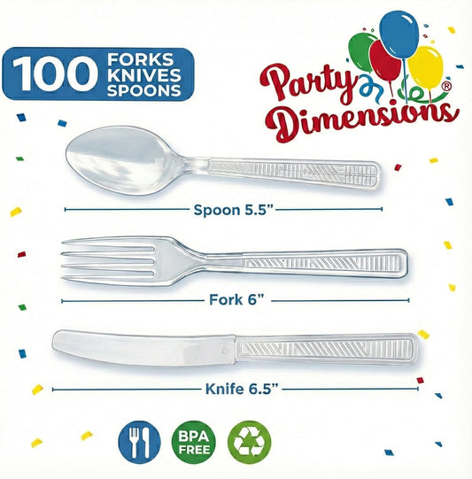 Party Dimensions 300 Count Plastic Cutlery Combo Box, Disposable Clear Plastic Silverware Utensils Set, 100 Forks, 100 spoons, 100 knives