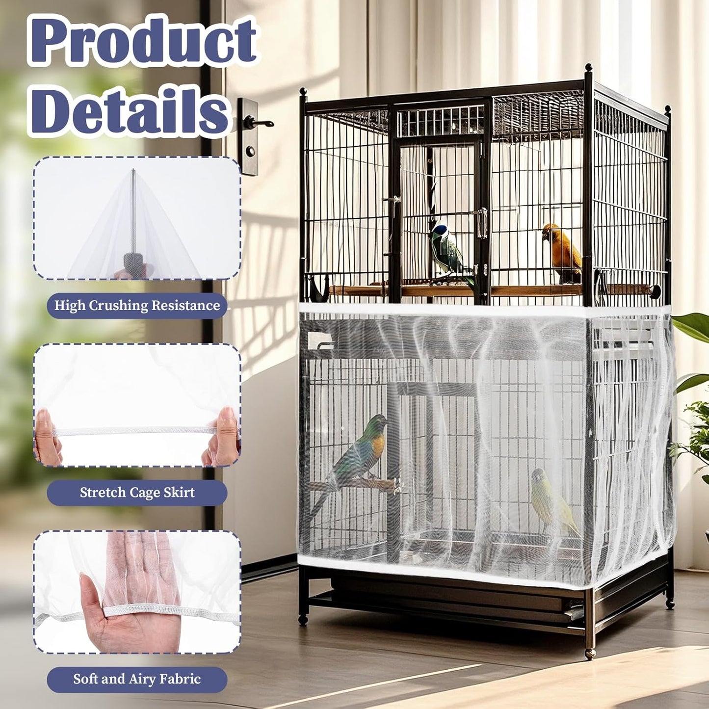 2Pcs Bird Cage Seed Catcher, Soft Airy Bird Cage Net Guard Net Cover S