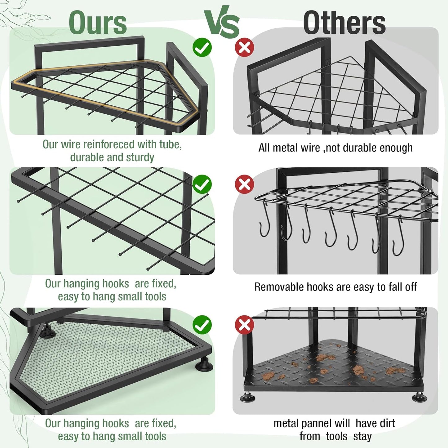 Garden Tool Organizer for Corner,Metal Yard Tool Organizer for Long-Handled Tools/Rakes/Brooms,Side Garden Pocket,Heavy Duty Steel Yard Tool Storage Rack for Garage,Shed, Outdoor