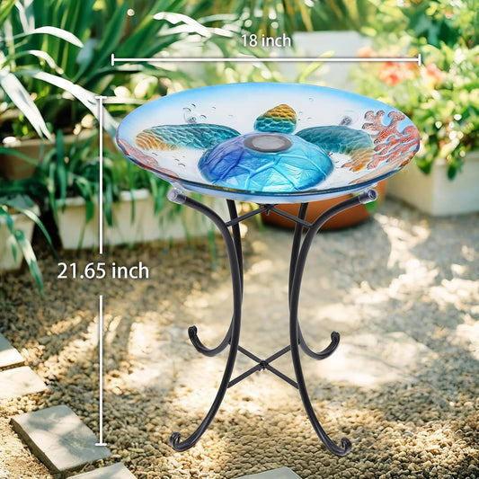 MUMTOP Outdoor Bird Bath, Large Glass Bird Baths Bowl with Metal Stand, Solar Turtle Birdbaths for Outside Garden Lawn Yard Decor, 18”Dia 21.65”Height