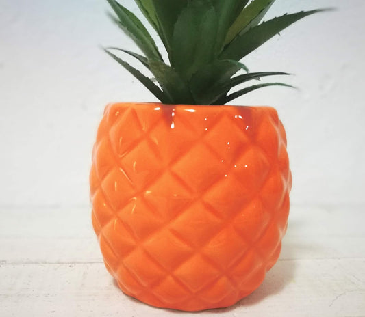 Porcelain Orange Pineapple Ananas Faux Green Plant Potted Artificial Succulent 7.8" Home Office Bathroom Tabletop Kitchen Shelf Decoration