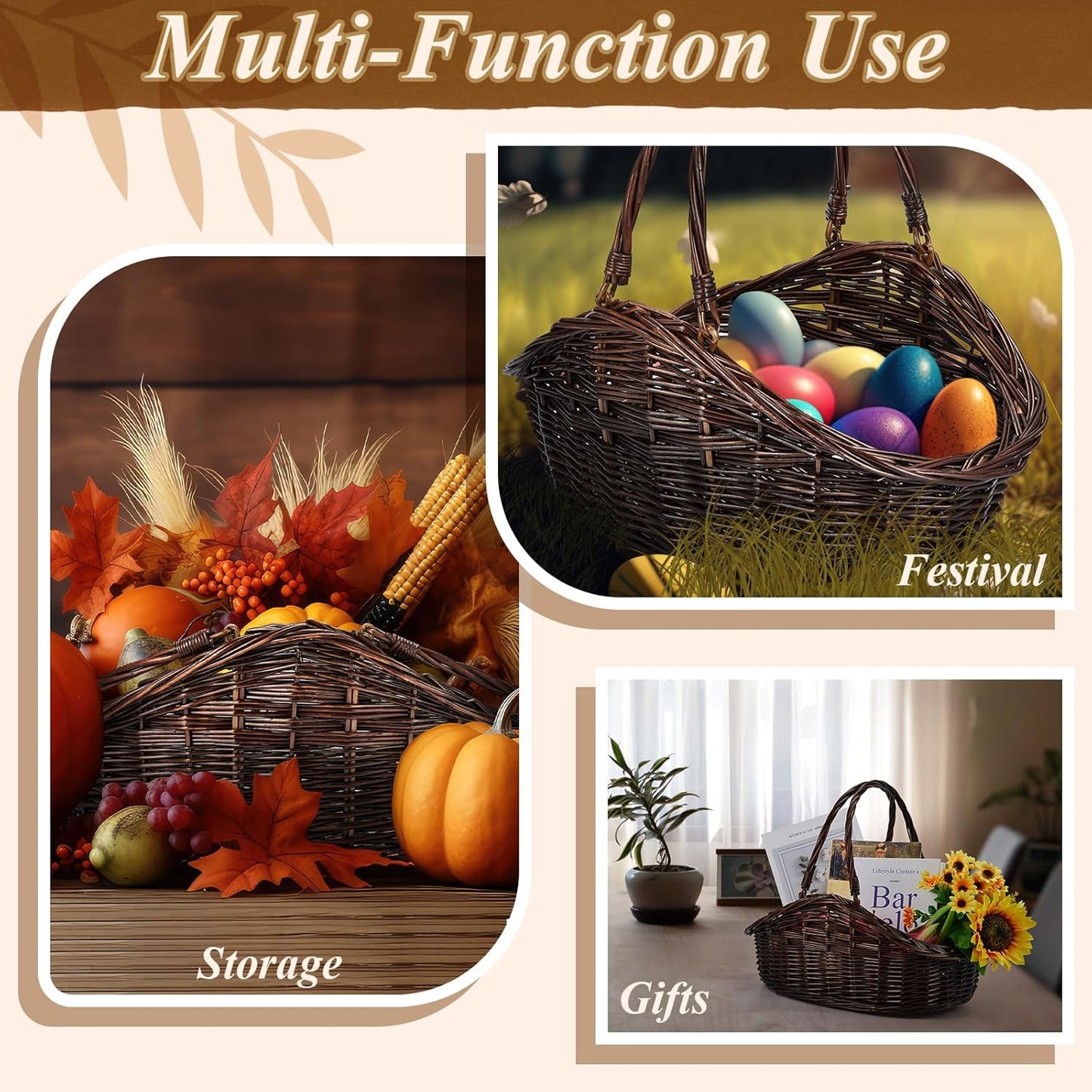Juexica 2 Pcs Wicker Basket Set - Harvest Baskets for Gathering, Foraging, Garden Trug, Easter, Flowers, Fruit, Storage & Organizing Gift, Large & Medium Dark Brown