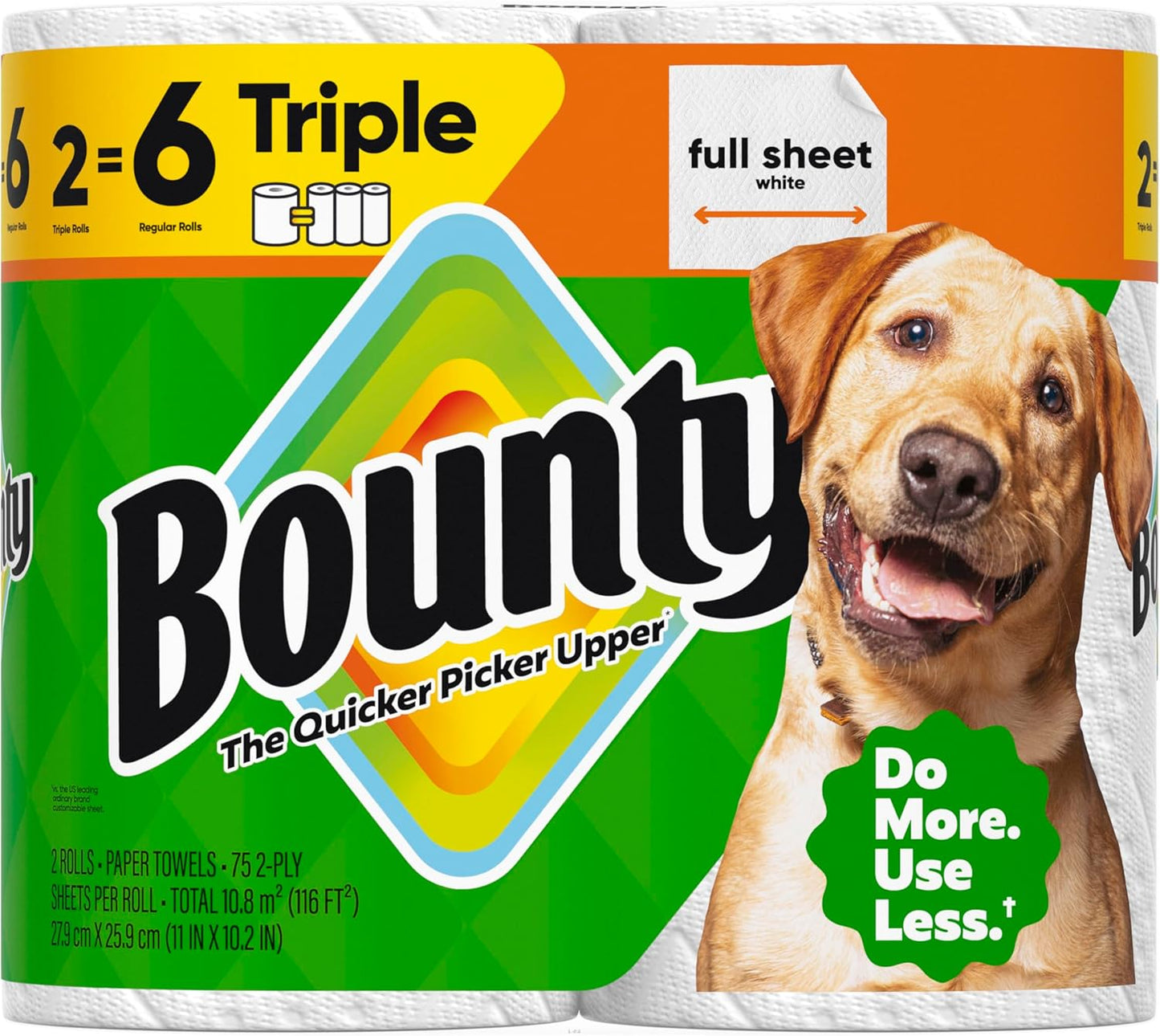 Bounty Full Sheet Paper Towels, White, 2 Triple Rolls = 6 Regular Rolls (Packaging May Vary)