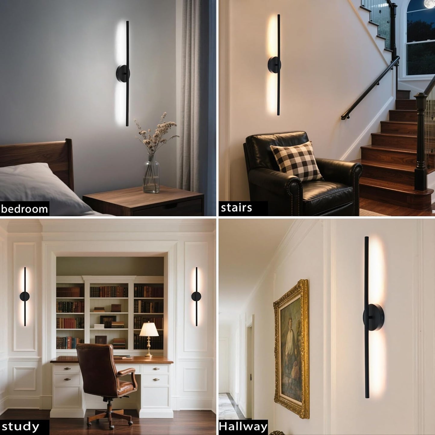 Black Battery Operated Wall Sconces Set of 2 360° Rotate Dimmable LED Wall Lamps 19.6 Inch Wireless Rechargeable Wall Lights with Remote Control