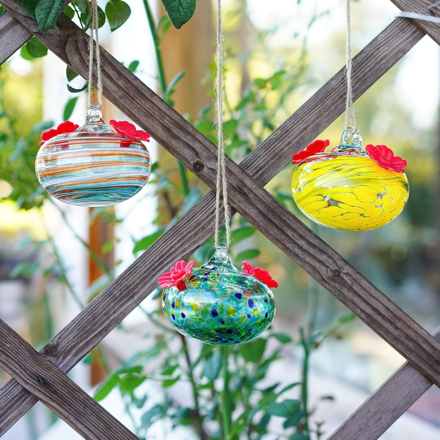 QFkris 3 Pack Blown Glass Hummingbird Feeder for Outdoors Hanging, 3.2" Small Hummingbird Feeder with Flower Feeding Ports, Bird Feeder for Outside Garden Backyard Decor, Gifts for Women