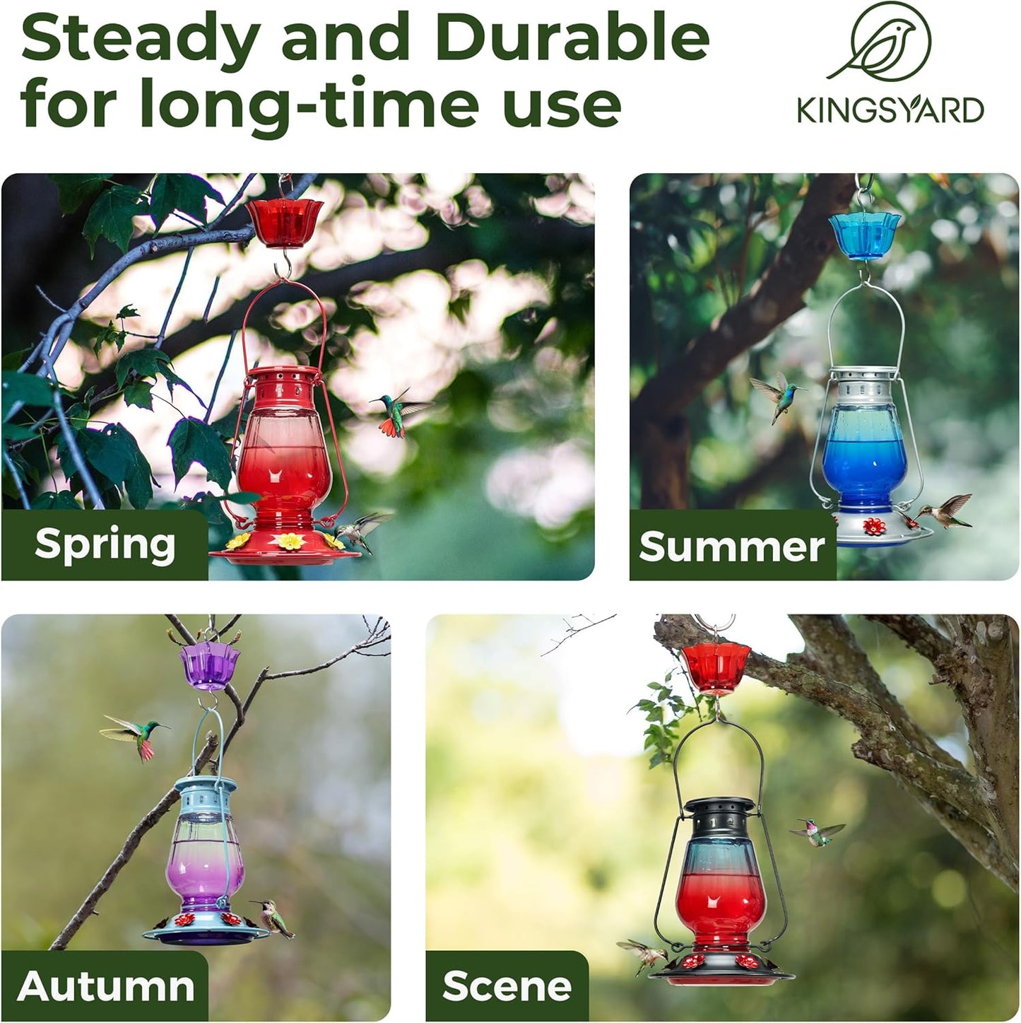 Kingsyard Vintage Glass Hummingbird Feeder Leak Proof Ant Bee Proof Lantern Bird Feeder with 6 Ports Moat, 24 oz Red