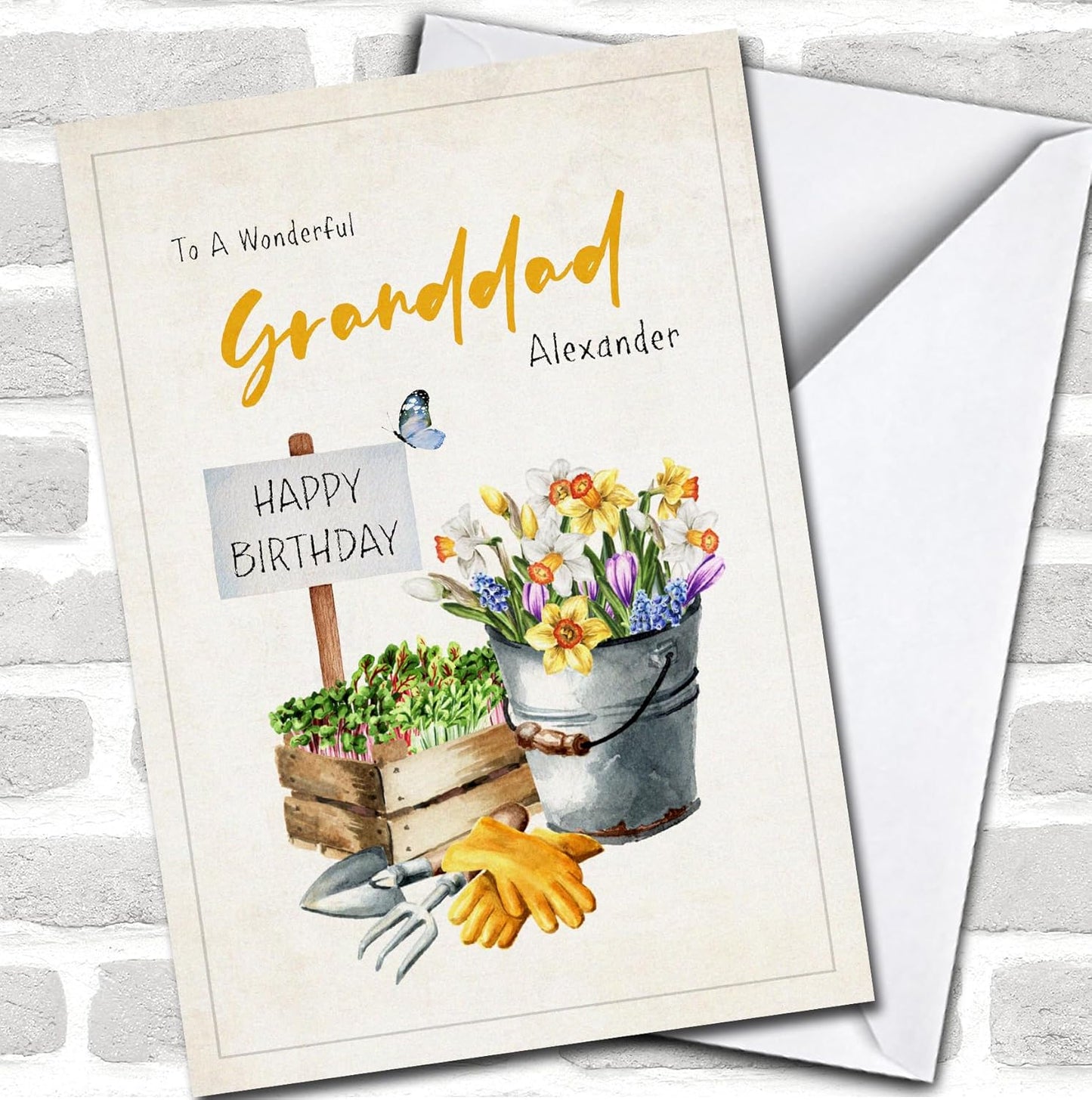 Granddad Watercolour Flowers Sprouts And Garden Tools Card, Personaliz