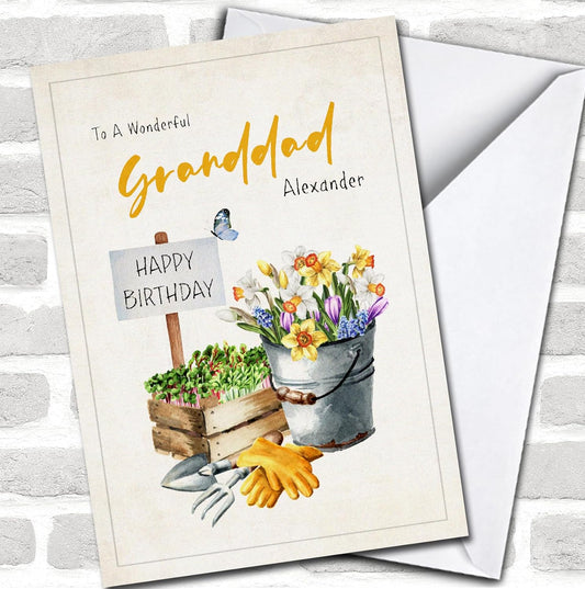Granddad Watercolour Flowers Sprouts And Garden Tools Card, Personaliz