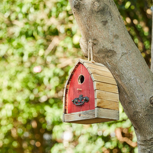 Glitzhome 8.5" H Washed Red Distressed Solid Wood Birdhouse Garden Han