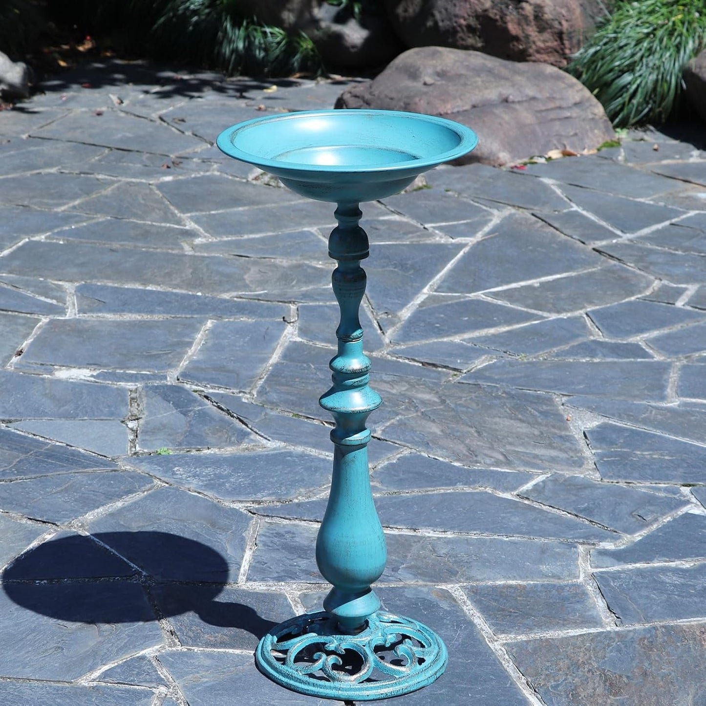 26.6”H×12.3" W Cast Iron Pedestal Bird Bath,Metal Birdbaths Bird Feeder Seed Tray for Garden Yard Decor -Blue.