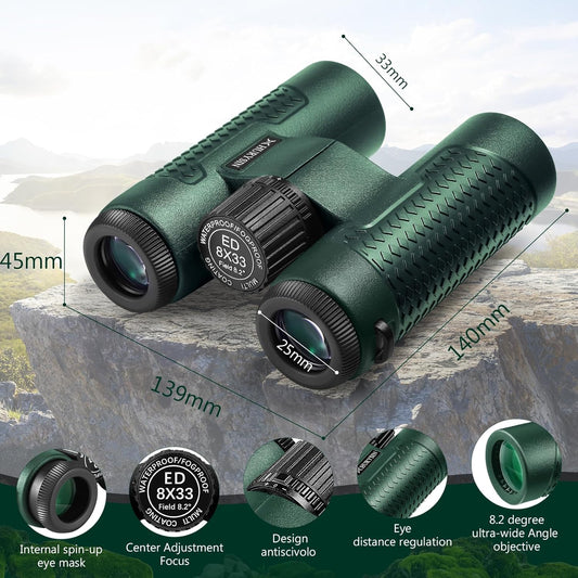 ED 8x33 Binoculars – HD Optical System, Nitrogen-Filled and Waterproof & Fogproof, Non-Slip Silicone Grip for Comfortable Handling, Perfect for Hunting, Bird Watching, Hiking, Travel