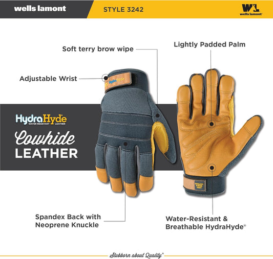 Wells Lamont Men's HydraHyde Work Gloves – Cowhide Leather, Reinforced
