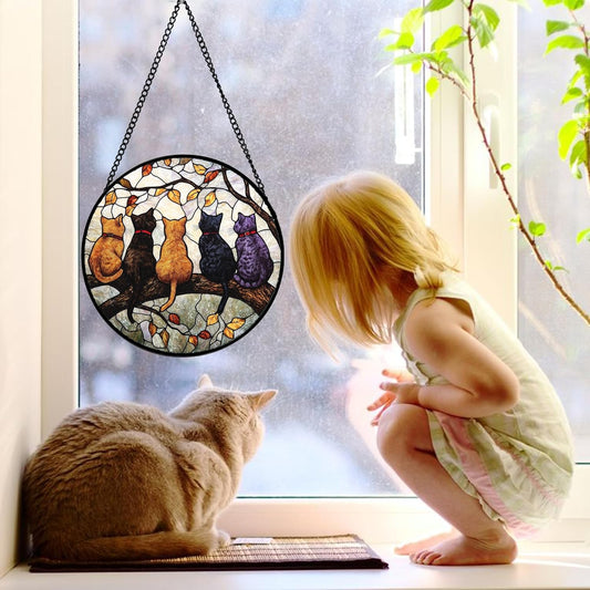Stained Glass Window Hanging - 5 Cats on a Branch Suncatcher for Windo