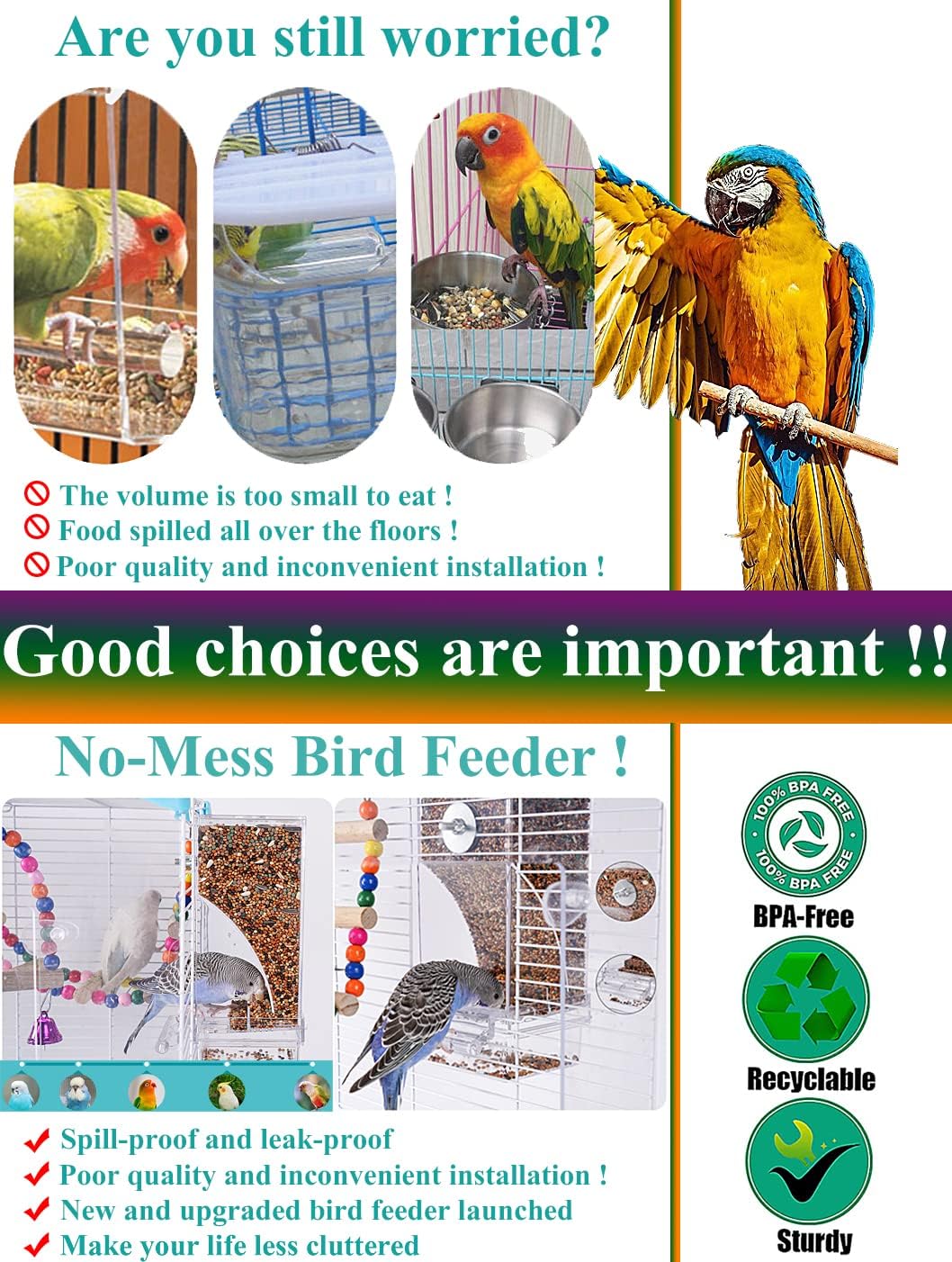 Kenond No Mess Bird Feeder Water Dispenser Set, Automatic Parrot Cage Accessories, Acrylic Parakeet Seed Food Drinker for Cockatiel, Squirrel, Finch, Lovebirds, Budgies, Canary