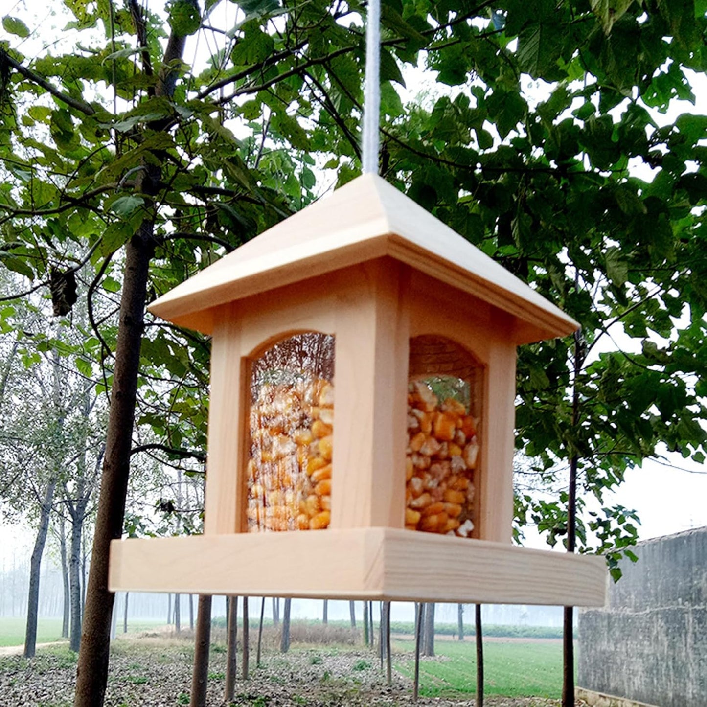 Hanging Bird Feeders for Outdoors Wooden Bird Feeder for Outdoors, Hanging Feeder with Perch to Welcome Various Birds, Weather-Resistant Birdfeeder for Garden