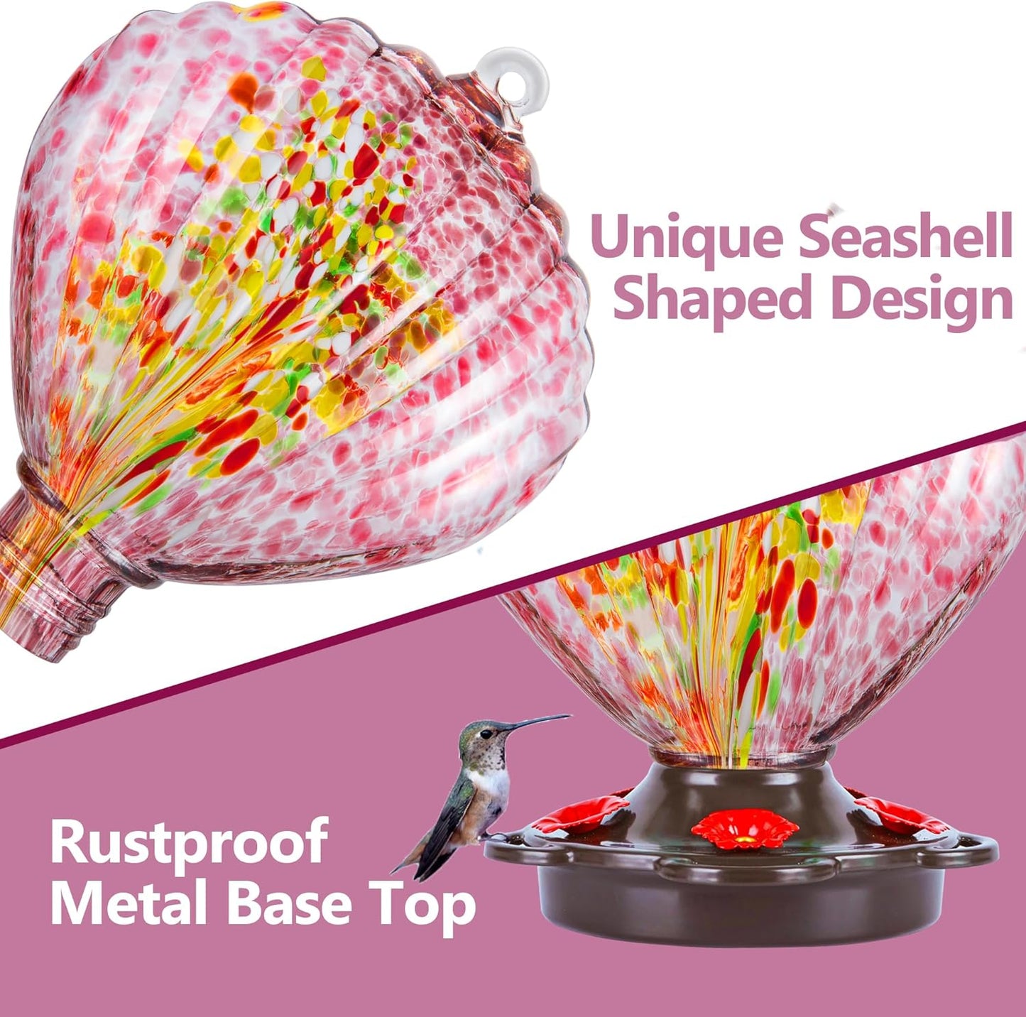 LUJII Seashell Shaped Hand Blown Glass Hummingbird Feeder for Outdoors