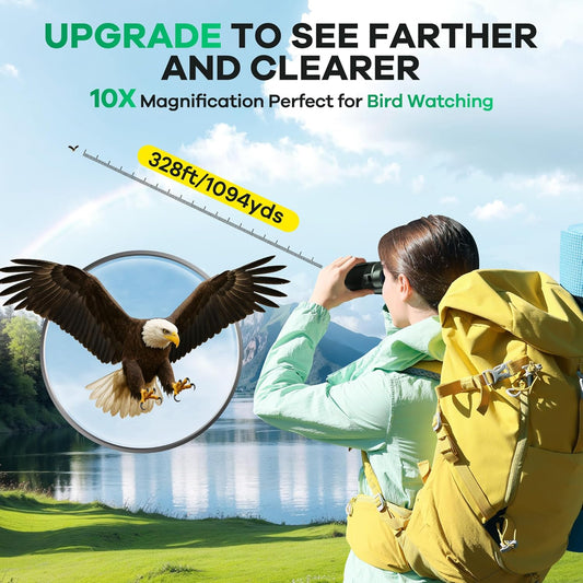 Leacco 10x25 Compact Binoculars for Adults and Kids, Large View Waterproof Small Binoculars with Low Light Vision BAK4 Prism FMC Lens for Cruise Ship Bird Watching Travel Hunting, Military Green