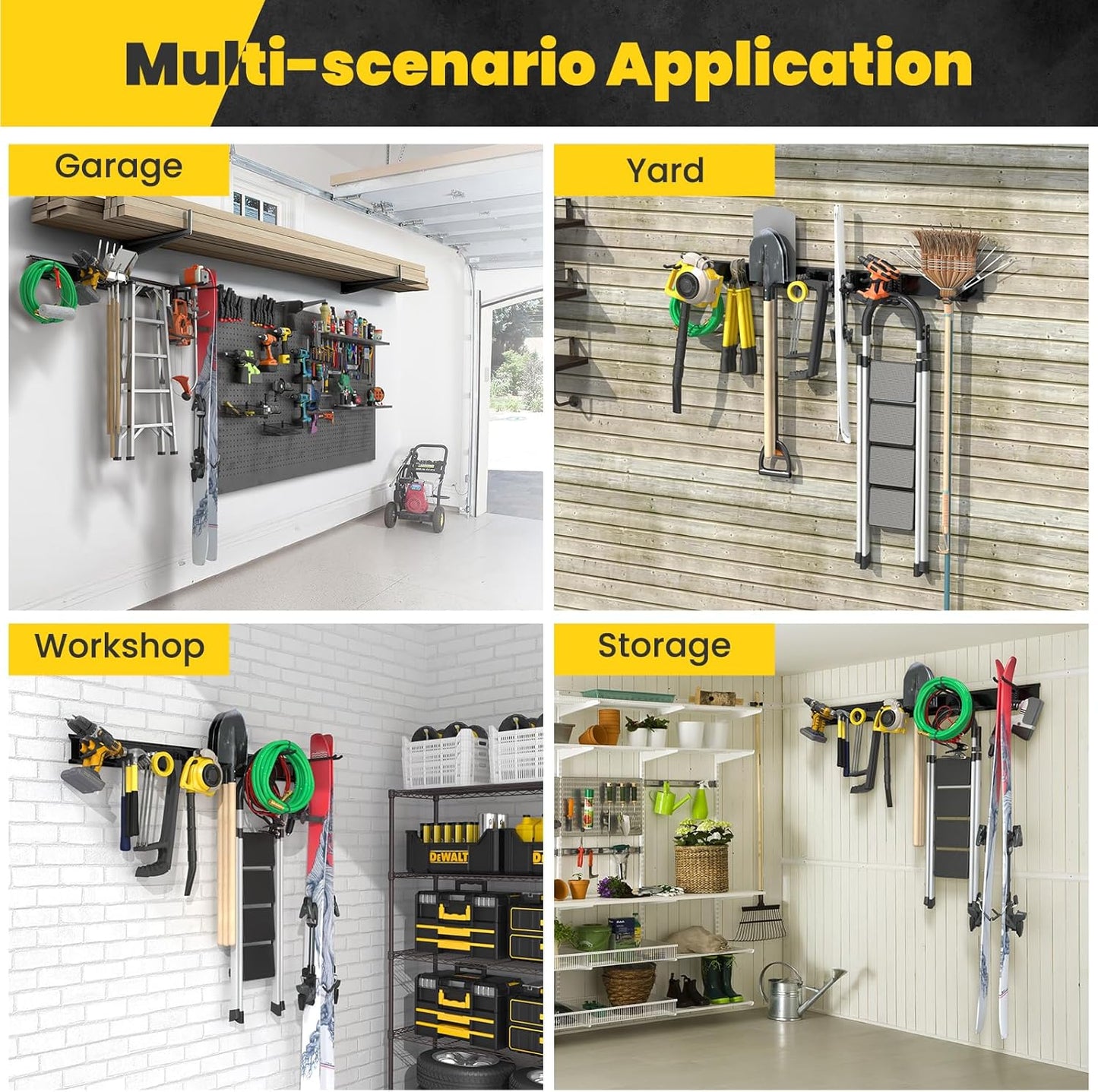 Garage Wall Organizers, 48'' Yard Tool Organizer Wall Mount with 7 Storage Hooks, Sturdy Easy Assembly Heavy Duty Garage Organization, Garden Lawn Tool Organizer for Tools, Skis, Ladders