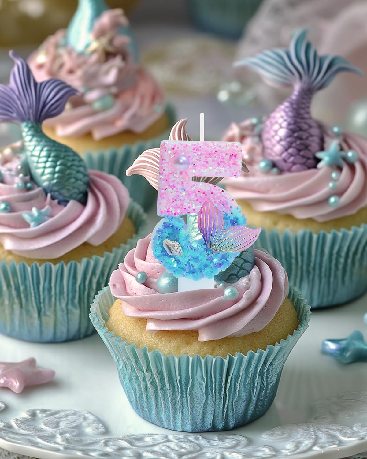 인어 테마 생일 양초, 숫자 5 여아용 글리터 생일 파티 용품, 기념일 파티 장식, 7.3cm(2.8인치) 케이크 토퍼 장식 (인어 테마, 숫자 5)