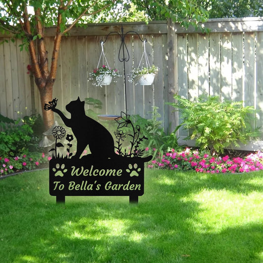 Custom Metal Cat Garden Sign with Stake, Personalized Garden Sign for