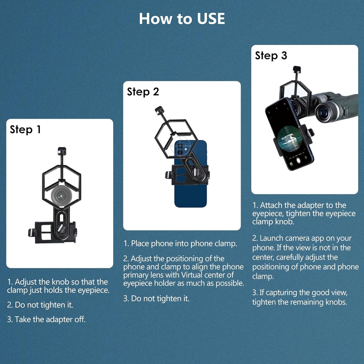 VANKEY Large Telescope Phone Mount, Metal Phone Adapter for Spotting Scope, Monocular, Binocular - Fits iPhone, Samsung and More Smartphone (Bluesky V1-L)