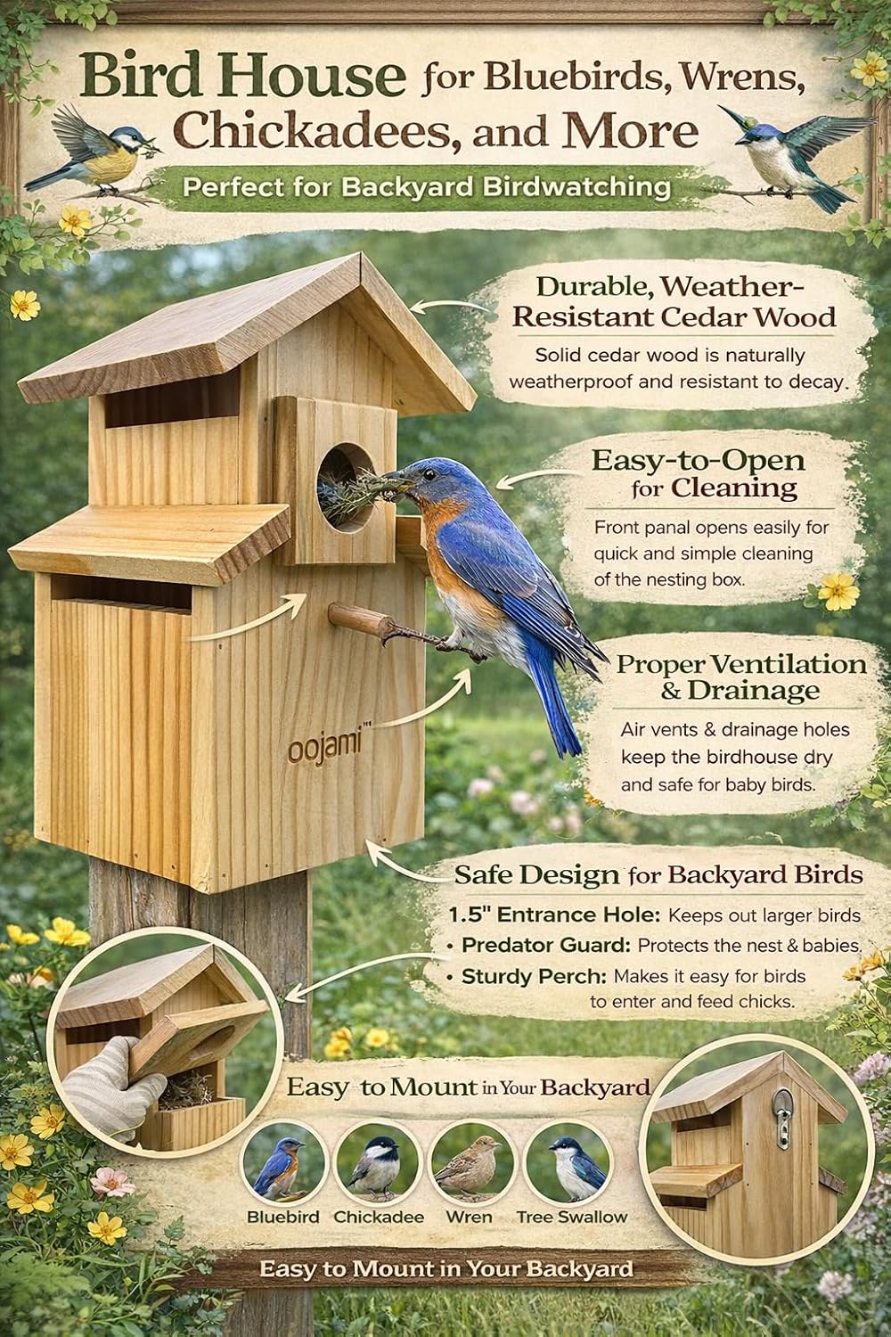 Bird House for Bluebird, Finch, Wren, Chickadee, Tree Swallow, Wild Birds, Woodpecker, Outdoor Nesting Box, Easy-to-Open (Unfinished DIY)
