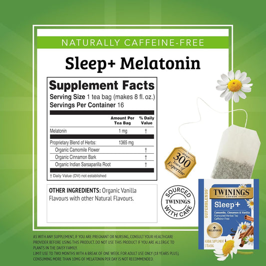 Twinings Superblends Sleep+ Herbal Tea with 1mg Melatonin Camomile, Cinnamon & Vanilla, Naturally Caffeine-Free, 16 Tea Bags (Pack of 1), Enjoy Hot or Iced