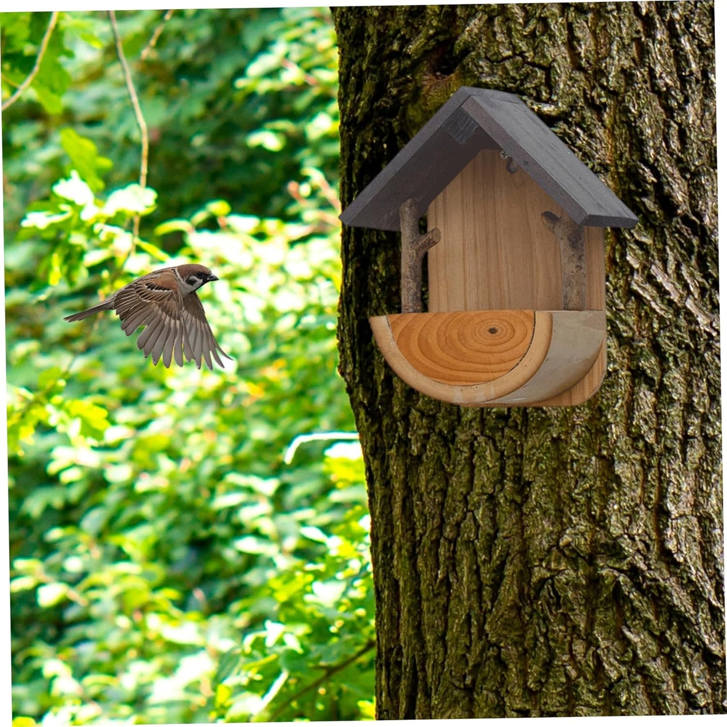 Hanging Bird Feeder, Wooden Bird Feeder with Wide Perch Tray for Outdoors, Creative Garden Decor and Supplies for Small Wild Birds