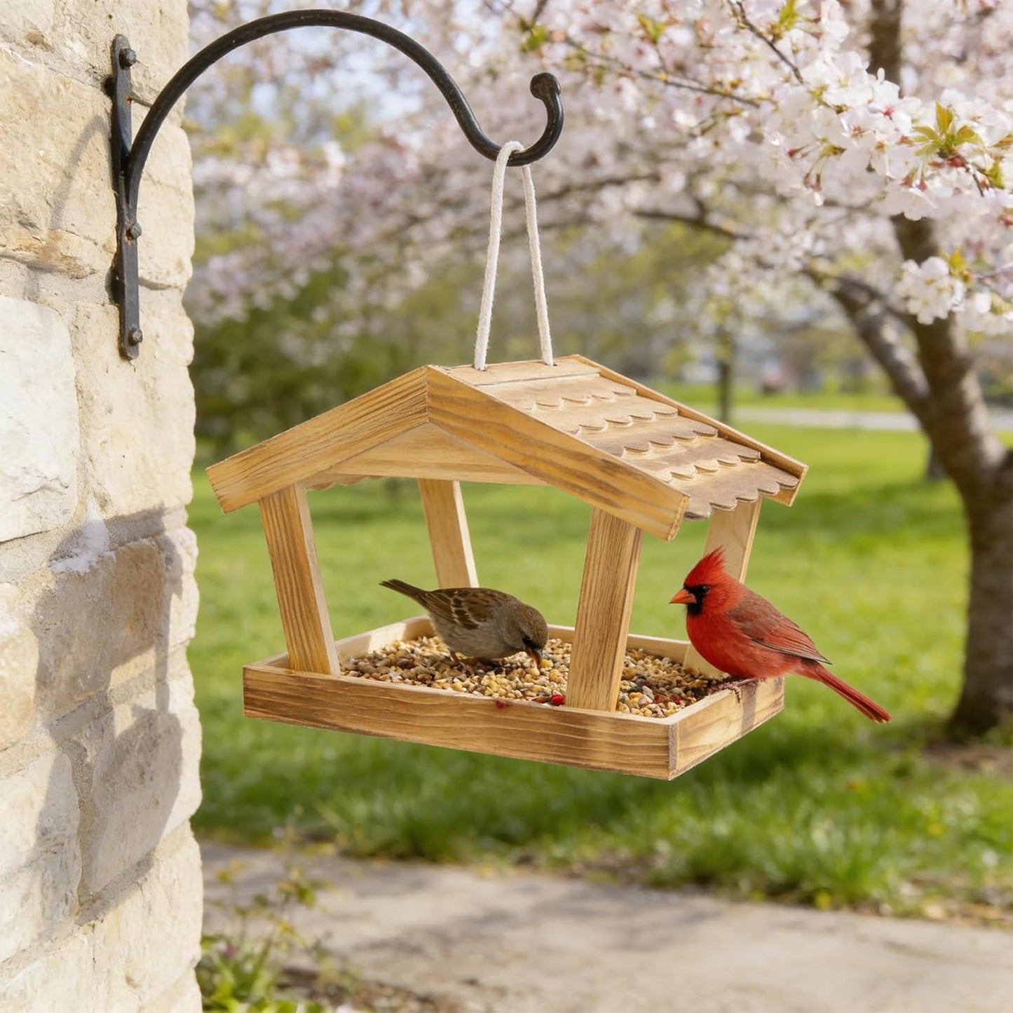 Bird Feeders for Outside Hanging, Wooden Wild Bird Feeder House, Platform Bird House Feeder for Garden Yard Outdoor Hanging 10x6.3x7.8 Inch