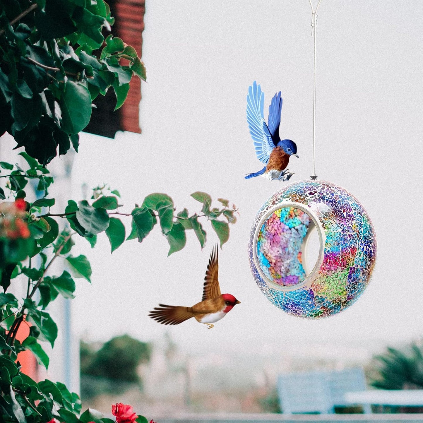 Bird Feeder Mosaic Fly Through Bird Feeder for Outside Hanging with Round Shape Glass Feeders to Attract Wild Birds for Garden, Deck, Yard, Backyard and Porch Decor, 7-Inch