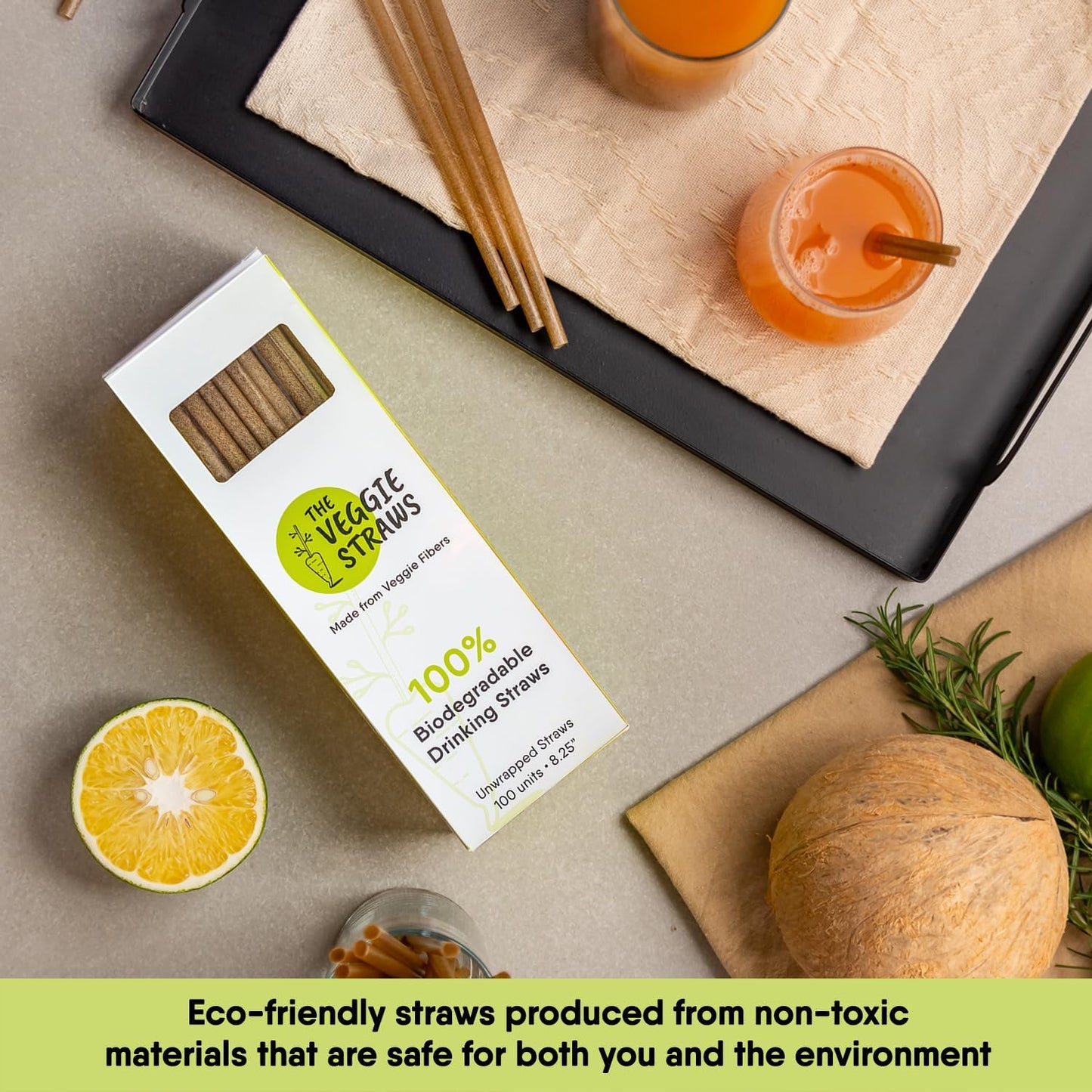 – 100 PCS of 8.25 Inches Unwrapped Biodegradable Straws – Made of Vegetable Fibers, Best Environment Friendly Drinking Straws for Hot and Cold Beverages