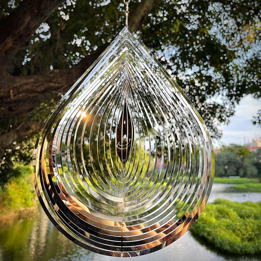 Wind Spinner 3D Water Droplets Shape Highly Reflective Stainless Steel Metal Outdoor Garden Decor, Decorations to Scare Away Yard Birds 12 inch, Gifts for Women Mom Dad