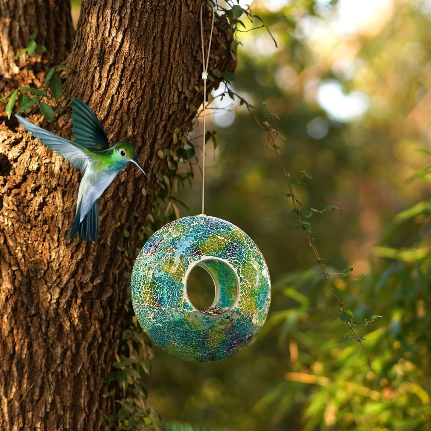 Topadorn Outdoor Bird Feeder - Decorative Mosaic Circle Fly Through De