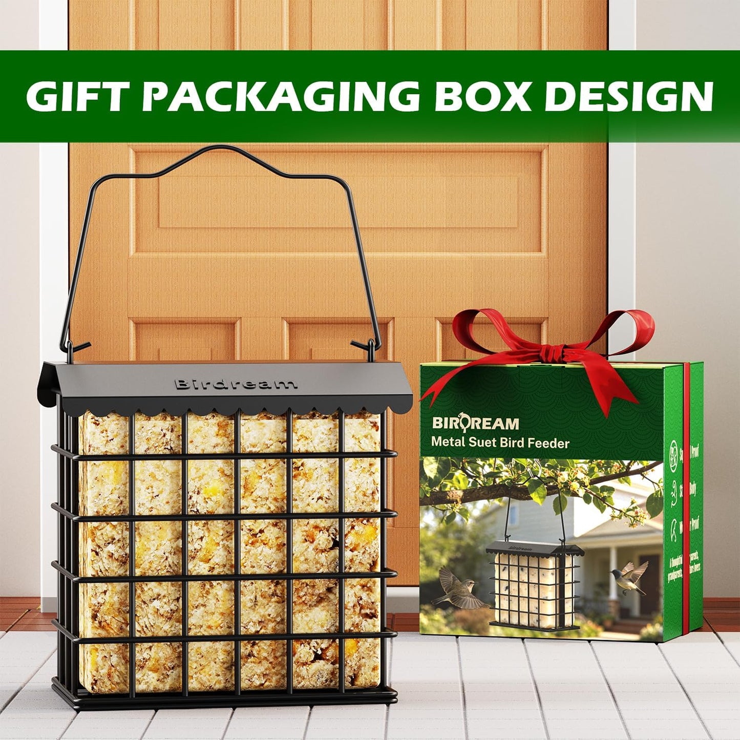 Birdream Double Suet Feeders for Outside Hanging Bird Feeder with Weatherproof Roof Holds 2 Suet Cakes Bird Cage for Outdoors Attract Woodpeckers Goldfinches Chickadees 1-Pack Black