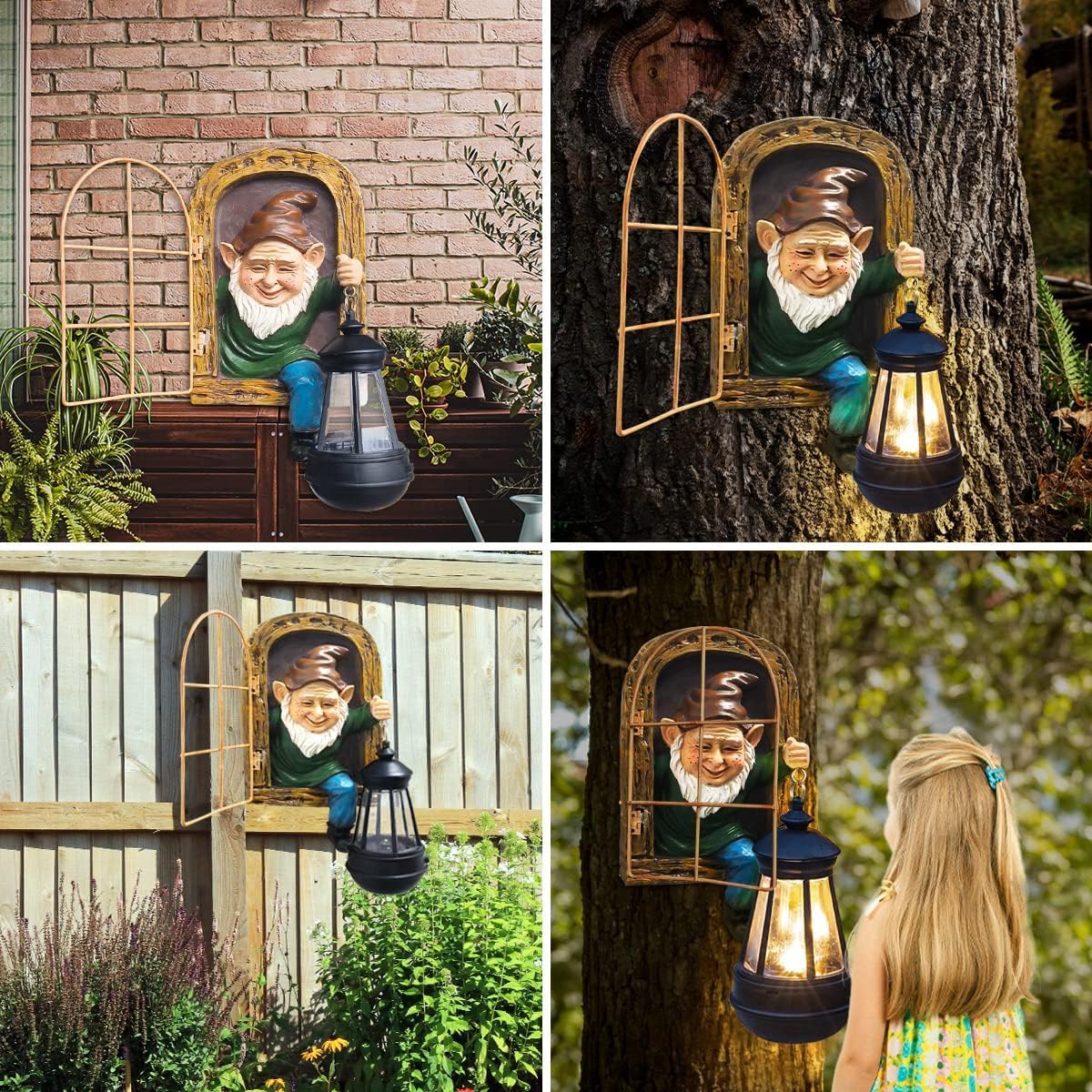 Gnomes Statue with Solar Lights Spring Decorations Whimsical Fairy Garden-10 Inch Elf Outdoor Tree Hugger Garden Statues- Tree Face Sculpture, Yard Art for Patio,Fence,Lawn,Wall Gnomes Ornament