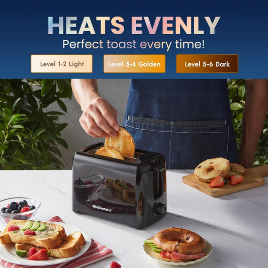 Elite Gourmet 2-Slice Cool Touch Toaster – 6 Browning Levels, Extra Wide 1.25” Slots for Bagels & Thick Bread, Cancel Function, Compact, ETL Certified, Black