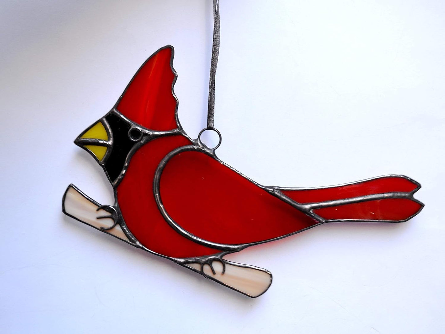 Stained Glass Red Cardinal Perched on Branch Suncatcher for Window Han