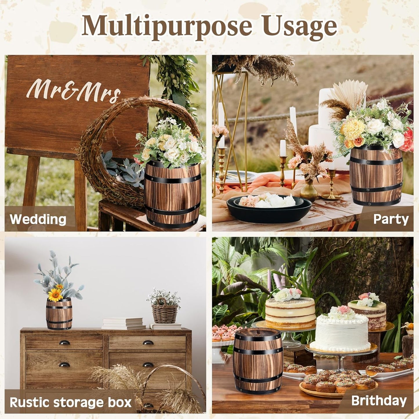 2 Pcs Wood Wine Barrel Vase Vintage Flower Vase Container Rustic Barrel Planter for Wedding Reception Table Decoration Home Indoor Outdoor Garden Kitchen Party (8 x 6.5 Inch)
