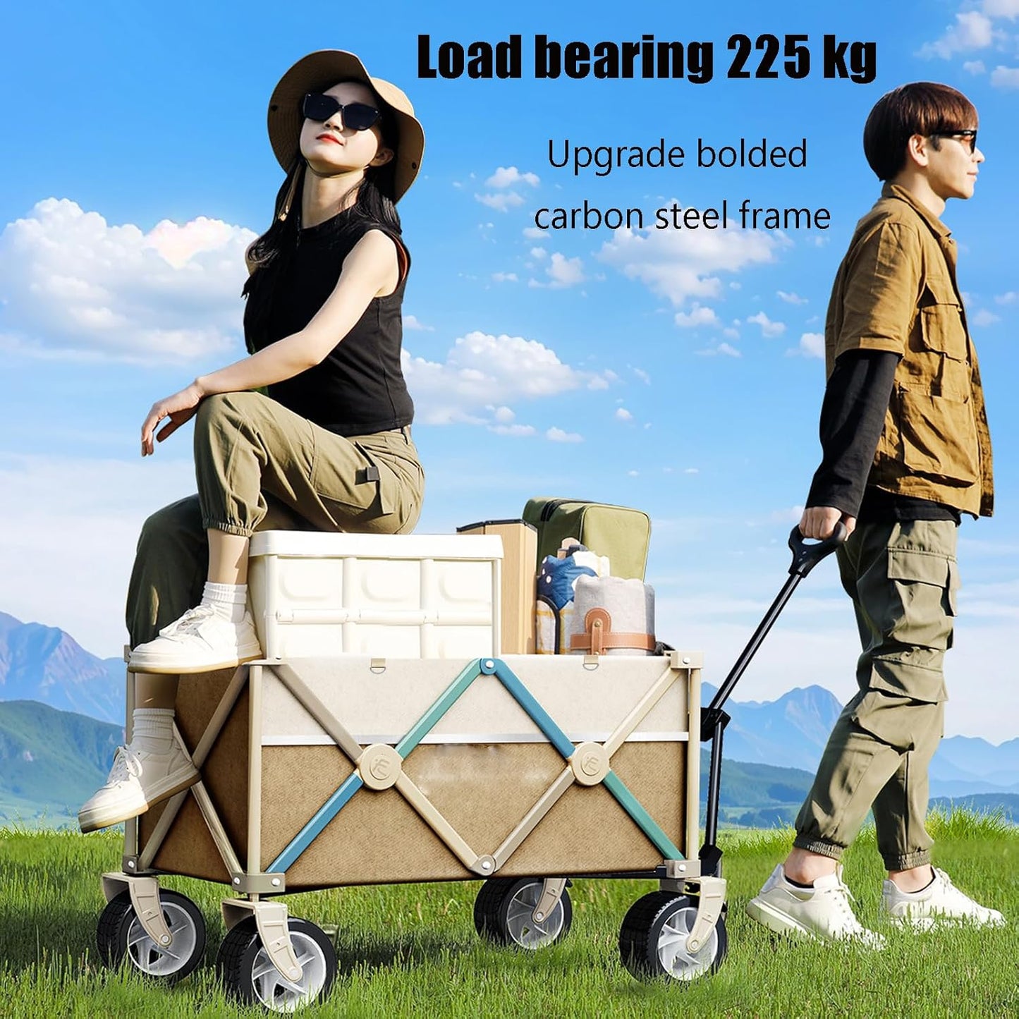 Portable Folding Camping Trolley - 300L Capacity, Festive Design, Quick-Fold for Easy Storage, 360° Swivel Wheels for Effortless Transport