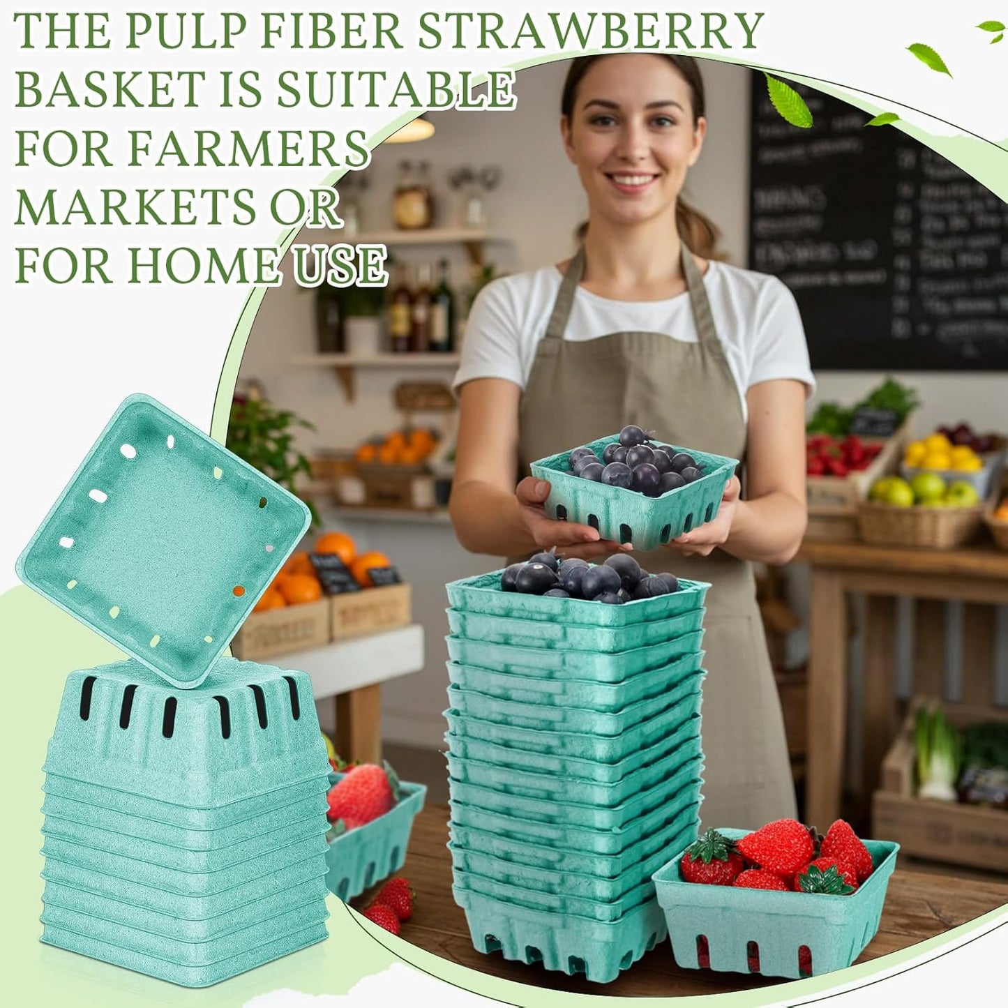 300 Pack 1/2 Pint Pulp Fiber Berry Baskets, Green Vented Containers fo