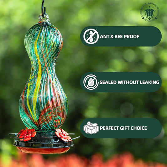 Hummingbird Feeder for Outdoors Hanging, Hand Blown Glass 24 OZ Capacity Hummingbird Bird Nectar Feeders with 4 Feeding Ports, Gifts for Women Mom Outside Garden Backyard Decor