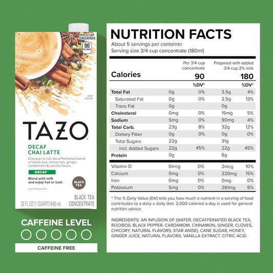TAZO Decaf Chai Latte, Black Tea Concentrate, Easy-to-Serve Chai Tea for Everyday Lattes, Hot or Iced Tea and Mocktails, 32 oz Tea Mix Carton