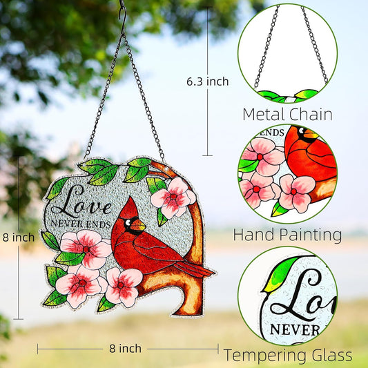 Stained Glass Window Hanging, Cardinal Birds Suncatchers Indoor Window, Sun Catchers Glass Panels Art Decor Gifts for Women