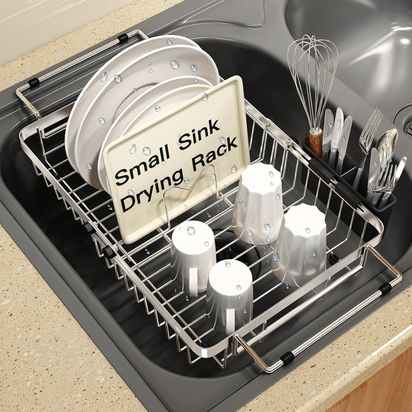MAJALiS Expandable Stainless Steel Over The Sink Dish Drying Rack for Small Kitchen, Counter Space Saving, Hanging Compact RV Plate Drain Strainer in Silver Wire Metal with Adjustable Utensil Holder