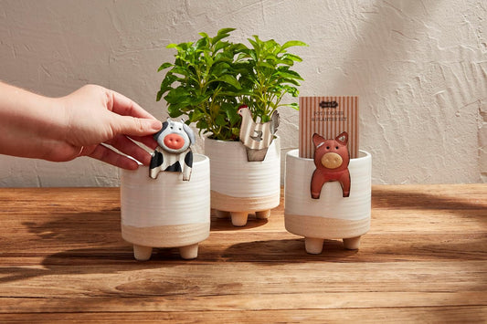 Mud Pie Cow Pot Hugger Planter Set; Pot 4" X 3 3/4" Dia | Hugger Approx 2 3/4" X 2"