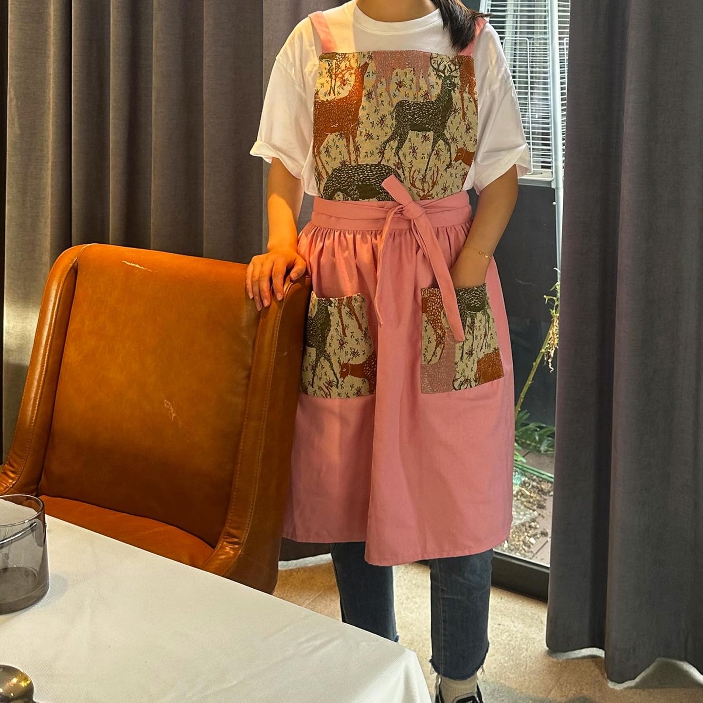 Kitchen Apron with Pockets, Womens Pinafore Dress, Floral Apron for Cooking Gardening, Gift for Mom, Wife, Girlfriend